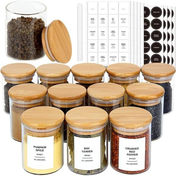32 PCS Glass Spice Jars with Bamboo Lids and 194 Waterproof Labels